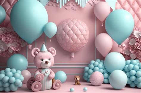 Premium AI Image | A pink and blue birthday party with a teddy bear and balloons.