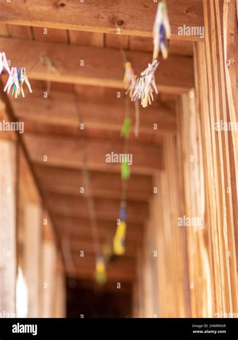 clothes pegs on clothesline, blurred background of wooden boards, close-up view Stock Photo - Alamy