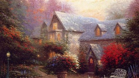 Thomas Kinkade Autumn Paintings | 1920x1080 paintings nature trees autumn houses artwork thomas ...