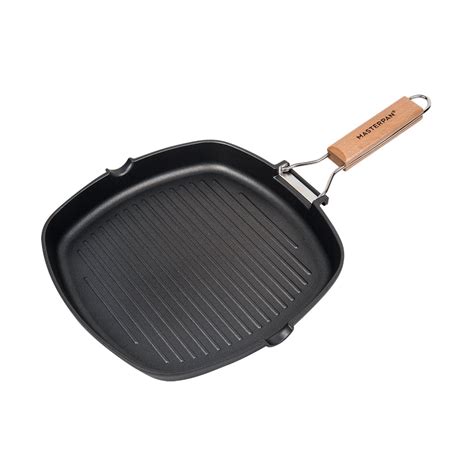 MasterPan Non-Stick Grill Pan with Folding Wooden Handle, 11", Black - Walmart.com - Walmart.com