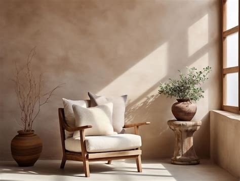 Premium AI Image | Lounge chair against window near beige stucco wall interior design of modern ...