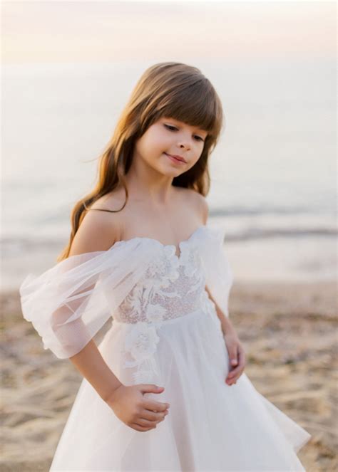 A-line Off Shoulder White Lace Tulle Beaded Flower Girl Dress