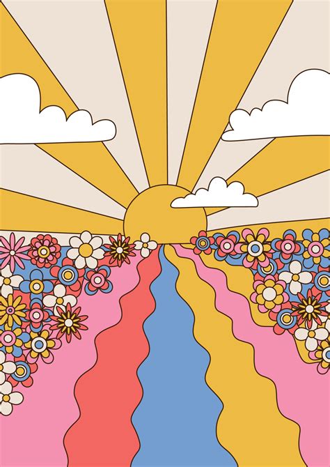 Psychedelic Art Landscape with sunset, sky and flower field, 1960s Hippie Illustrations with ...