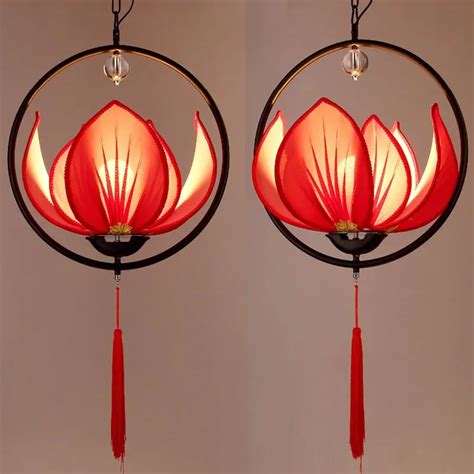 Chinese Fabric Lotus Restaurant Pendant Lamps Traditional Living Room Personality Hanging Light ...