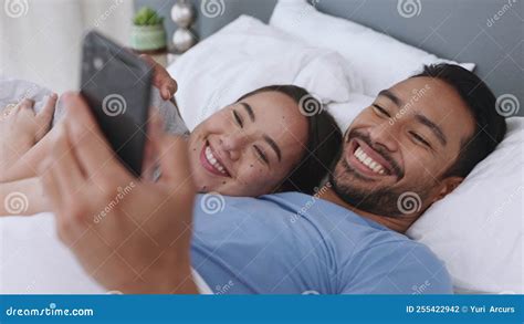 Couple in Bed with Smartphone for Meme, Social Media Online Content or Notification and Laughing ...