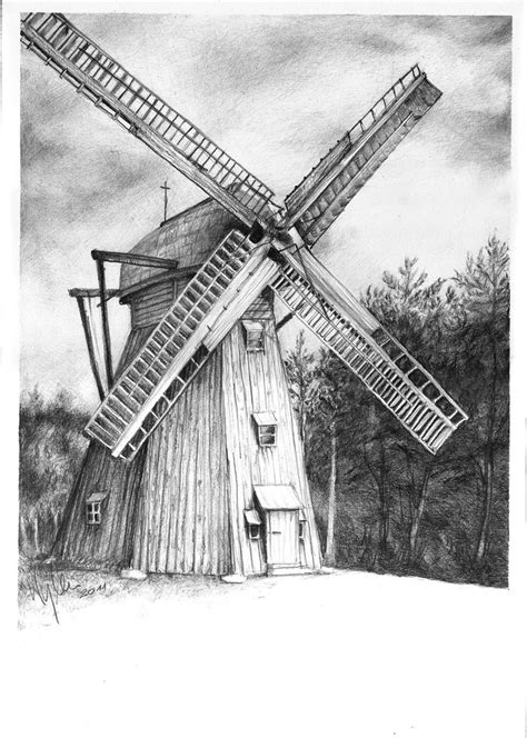 Windmill | Windmill, Windmill drawing, Landscape pencil drawings