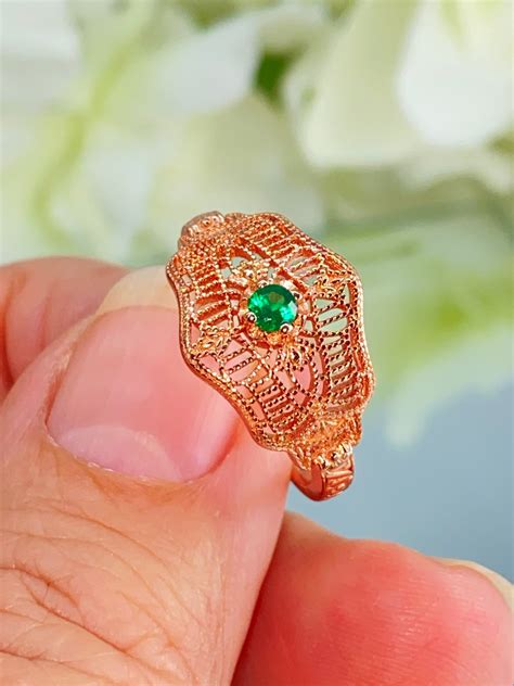 Natural Green Emerald Ring, Rose Gold Overlay, Art Deco Vintage Style – Silver Embrace