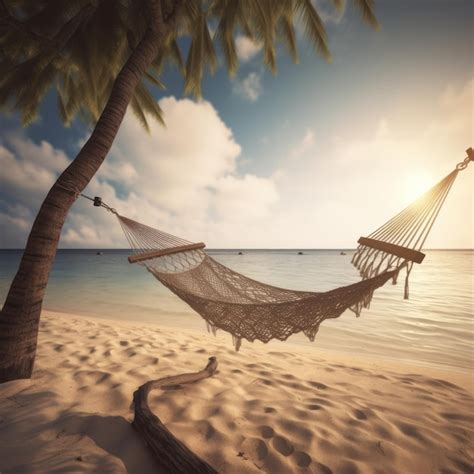 Premium Photo | A hammock on a beach with a sunset in the background