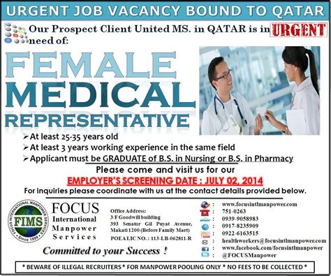 URGENT JOB VACANCY FOR FEMALE MEDICAL REPRESENTATIVE | Overseas jobs ...