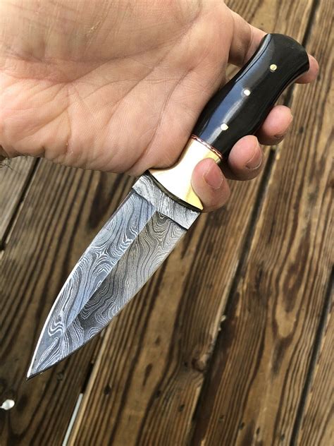 HAND FORGED DAMASCUS STEEL Dagger Boot Knife W/ Horn & Brass Bolster Handle | SUSA KNIVES