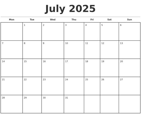 July 2025 Monthly Calendar Template