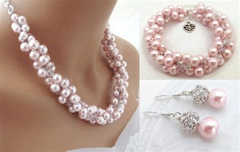 Chunky Pink Pearl Bridal Jewelry Set, Crystal Pearl Necklace, Bracelet ...