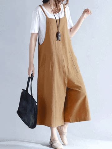O-NEWE Casual Women Loose Solid Strap Pocket Overall Jumpsuits Plus ...