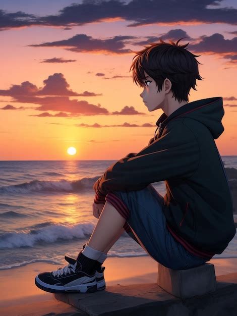 Premium AI Image | Artistic image of Boy anime on the beach watching sunset