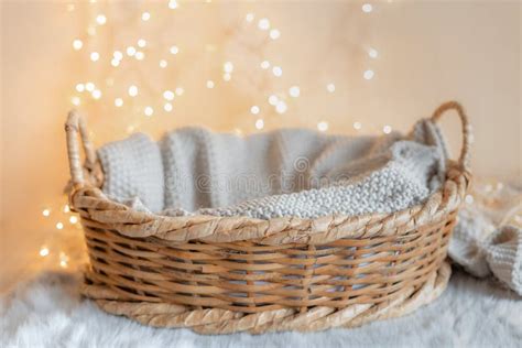 Basket for Baby with Knitted Blanket Stock Image - Image of background, newborn: 233167549