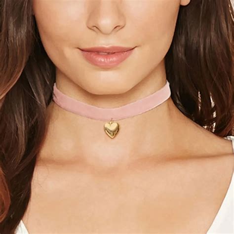 Fashion Style Women Pink Velvet Chokers Collar Pendant Necklace Heart Shape Charms Length ...