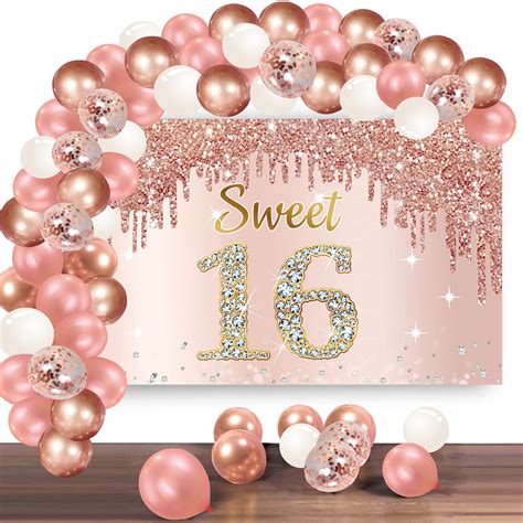 Buy Rose Gold Sweet 16th Birthday Banner Backdrop with Confetti Balloon ...