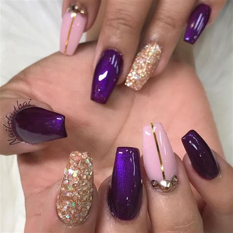 Coffin Purple Nails With Gold