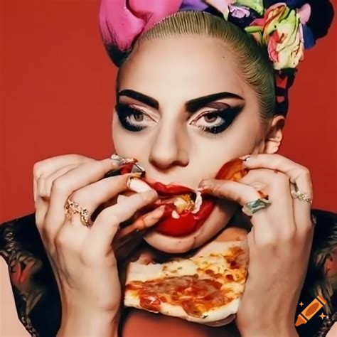 Lady gaga with unique eyebrows eating pizza on Craiyon