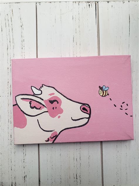 Strawberry Cow and Bee Painting Acrylic Small Painting Canvas - Etsy