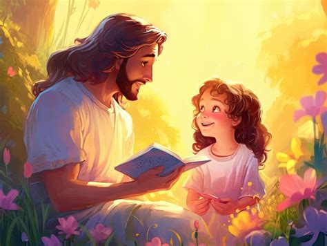 Hermosa escena de Jesús enseñando a los niños leyendo la Biblia ...