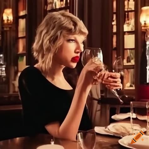 Taylor swift enjoying wine in a restaurant on Craiyon