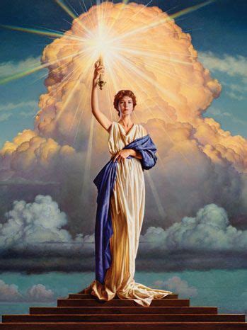 a painting of a woman standing on top of a platform in front of clouds and sun