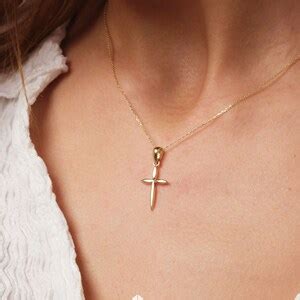 14K Gold Cross Necklace, Crucifix Gold Necklace, Dainty Gold Cross Pendant, Religious Necklace ...