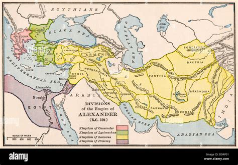 Map showing the divisions of the empire of Alexander the Great after his death. Color lithograph ...