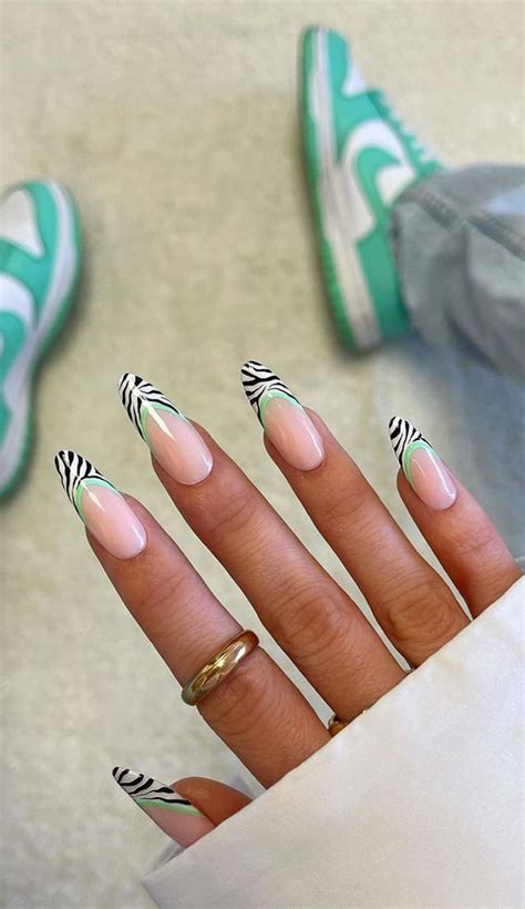 30 Trendy Ways to Wear An Animal Print Nail Art : Zebra Print French Tips with Green Lines
