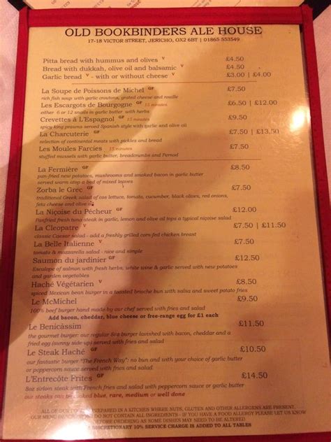 Menu at The Old Bookbinders Ale House pub & bar, Oxford