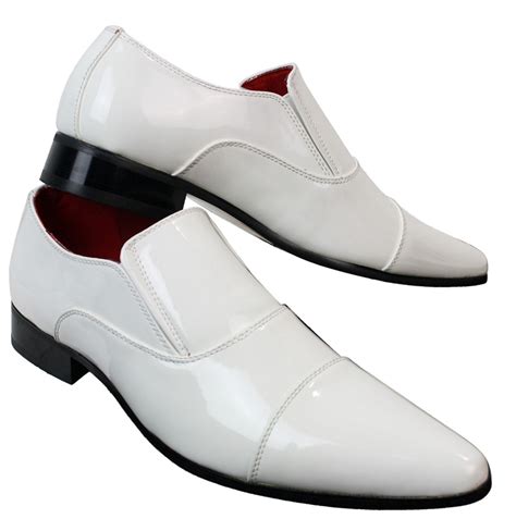 Mens Smart Formal Slip On White Patent Shiny Shoes Leather Lined ...