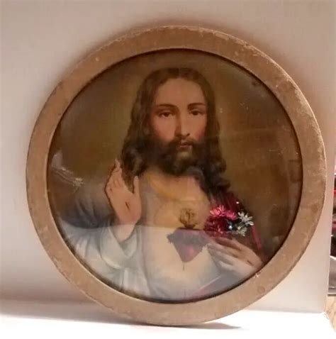 VINTAGE JESUS SACRED Heart Convex Dome Bubble Glass Wall Hanging Religious Art $24.77 - PicClick