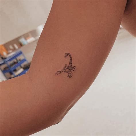 Tiny scorpion tattoo located on the inner arm.