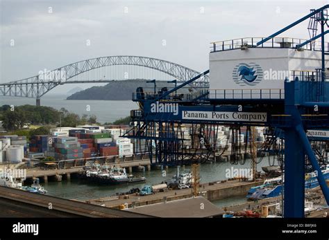 aerial view above Panama Ports Company crane Balboa Port Panama city Bridge of the Americas ...