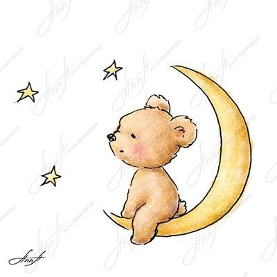 The Drawing of Cute Teddy Bear Sitting on the Moon and Watching the ...