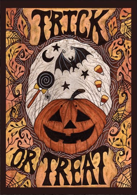 a trick or treat poster with pumpkins and bats