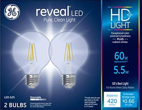 GE Lighting 31858 Clear Finish Light Bulb Dimmable LED Reveal HD G25 Decorative Globe 5.5 (60 ...