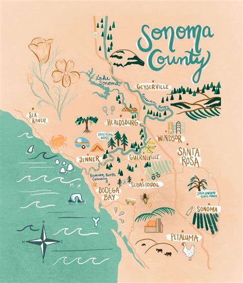 Sonoma County California Poster 12 x 16 illustrated map print | Etsy