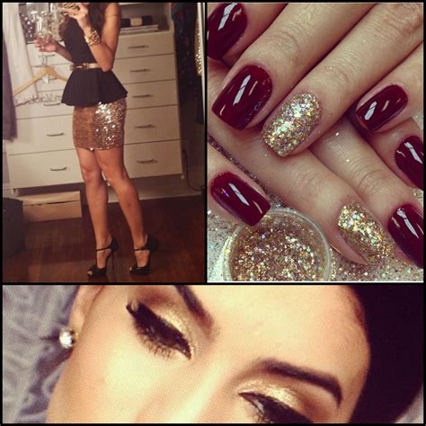 Christmas outfit courtesy of @makeupbycamila. Black peplum top, gold skirt, gold eyeshadow, red ...