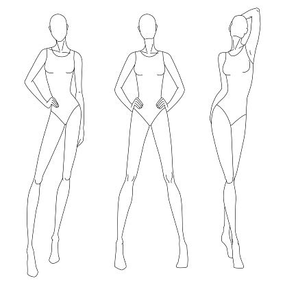 Technical Drawing Of Womans Figure Vector Thin Line Girl Model Template For Fashion Sketching ...