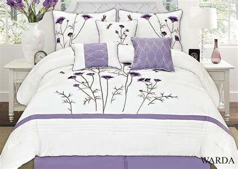 Golden Linens Lavendar Purple White Floral 7 Pcs Embroidery Comforter ...