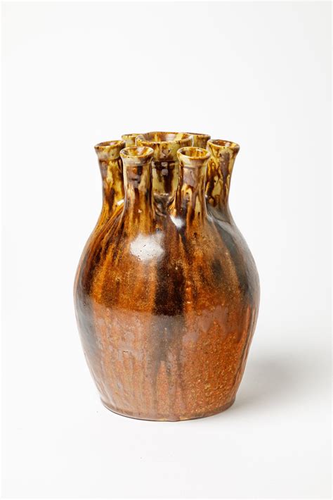 Art Deco 1940 Flower Vase by Joseph Talbot La Borne Brown and Black Colors 2/3 For Sale at 1stDibs