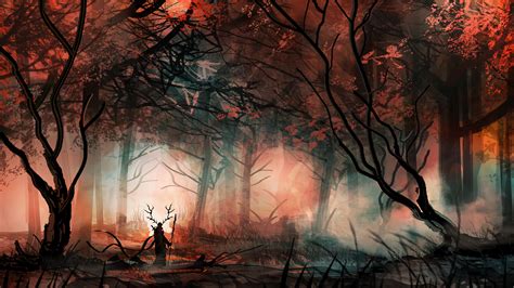 Wallpaper : trees, forest, digital art, fantasy art, mist, hero, loneliness, autumn, darkness ...