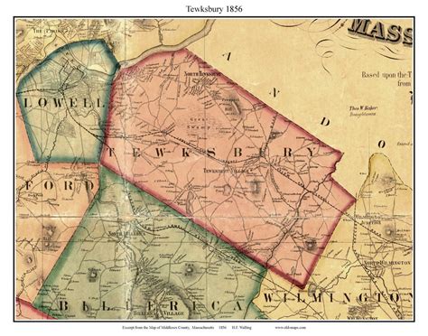 Tewksbury 1856 Old Town Map With Homeowner Names Massachusetts Reprint Middlesex County MA TM ...