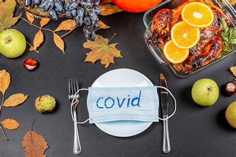 Medical mask with the inscription Covid on a white plate. Thanksgiving table top view - Creative ...