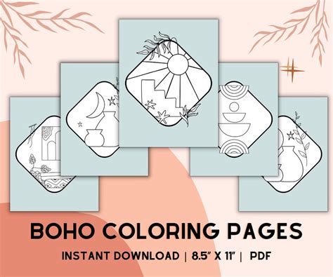 Boho Coloring Pages, 5 Printable Pages, Boho Coloring Book, Adult Coloring Book, Printable ...