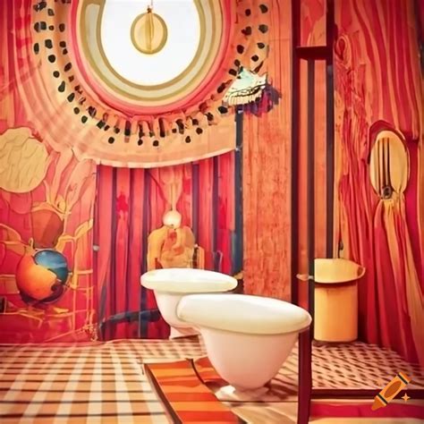 Interior of a whimsical circus-themed bathroom on Craiyon