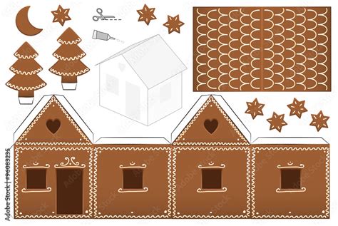 Gingerbread house paper model with trees, moon and stars - print it on heavy paper, cut the ...