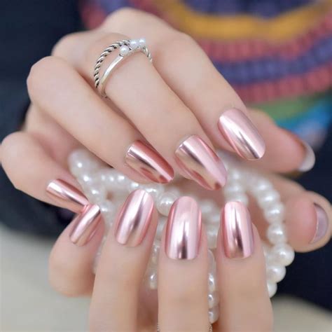 Matte Metal Nail Art Tips Light Pink Metallic Mirror Pre-designed Fake ...